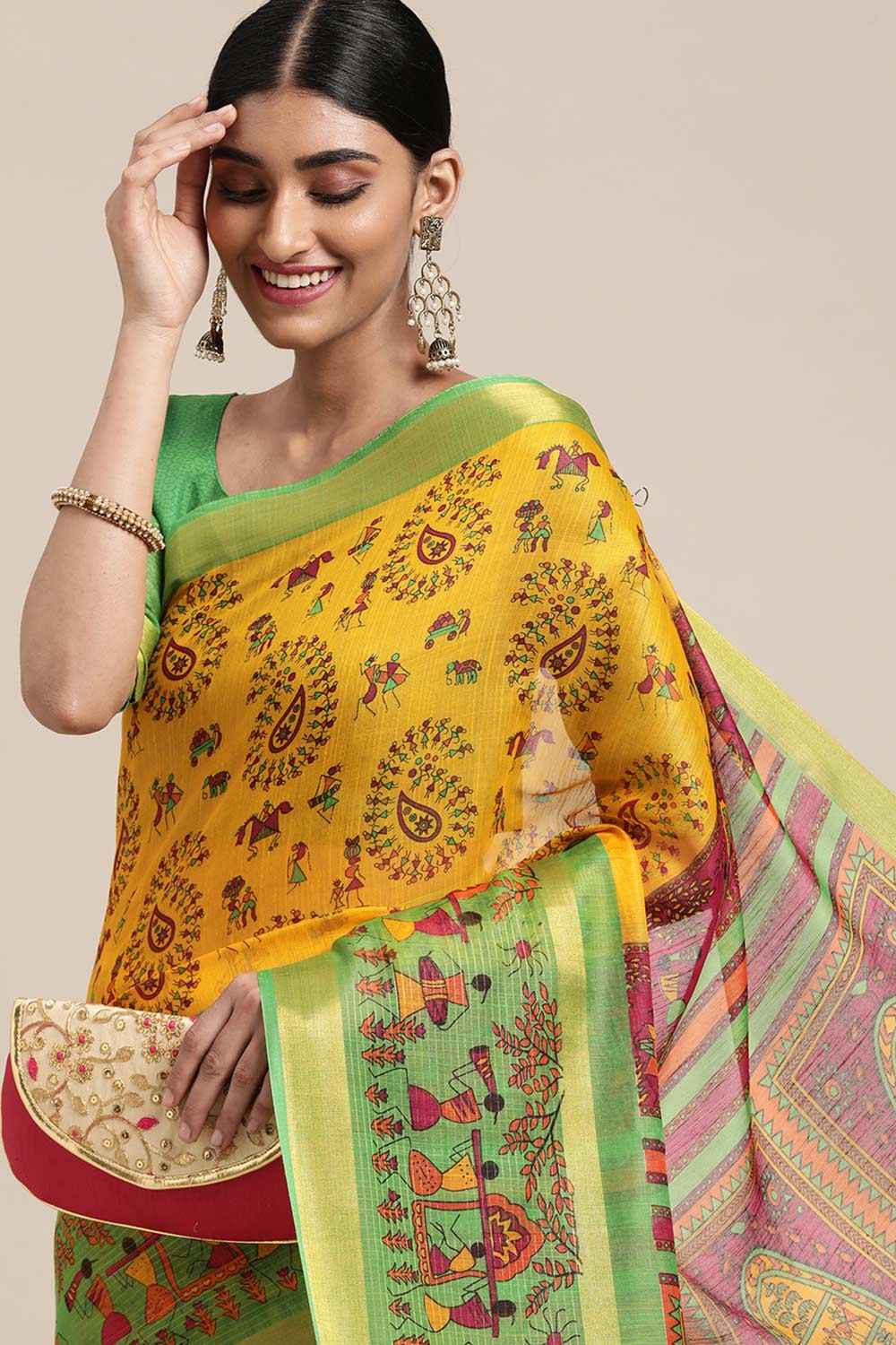 Yellow Linen Blend Warli Print Taant Saree