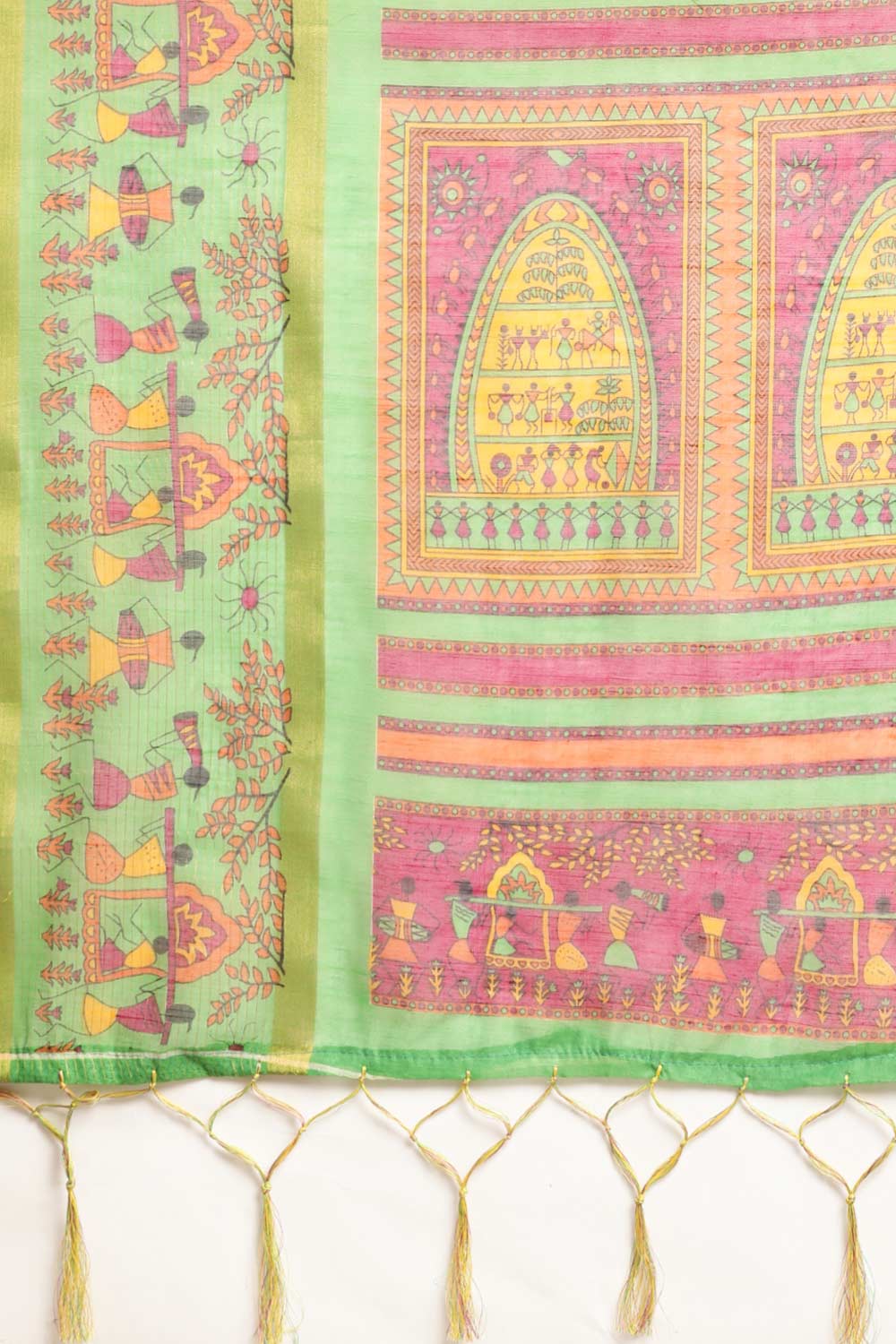 Yellow Linen Blend Warli Print Taant Saree