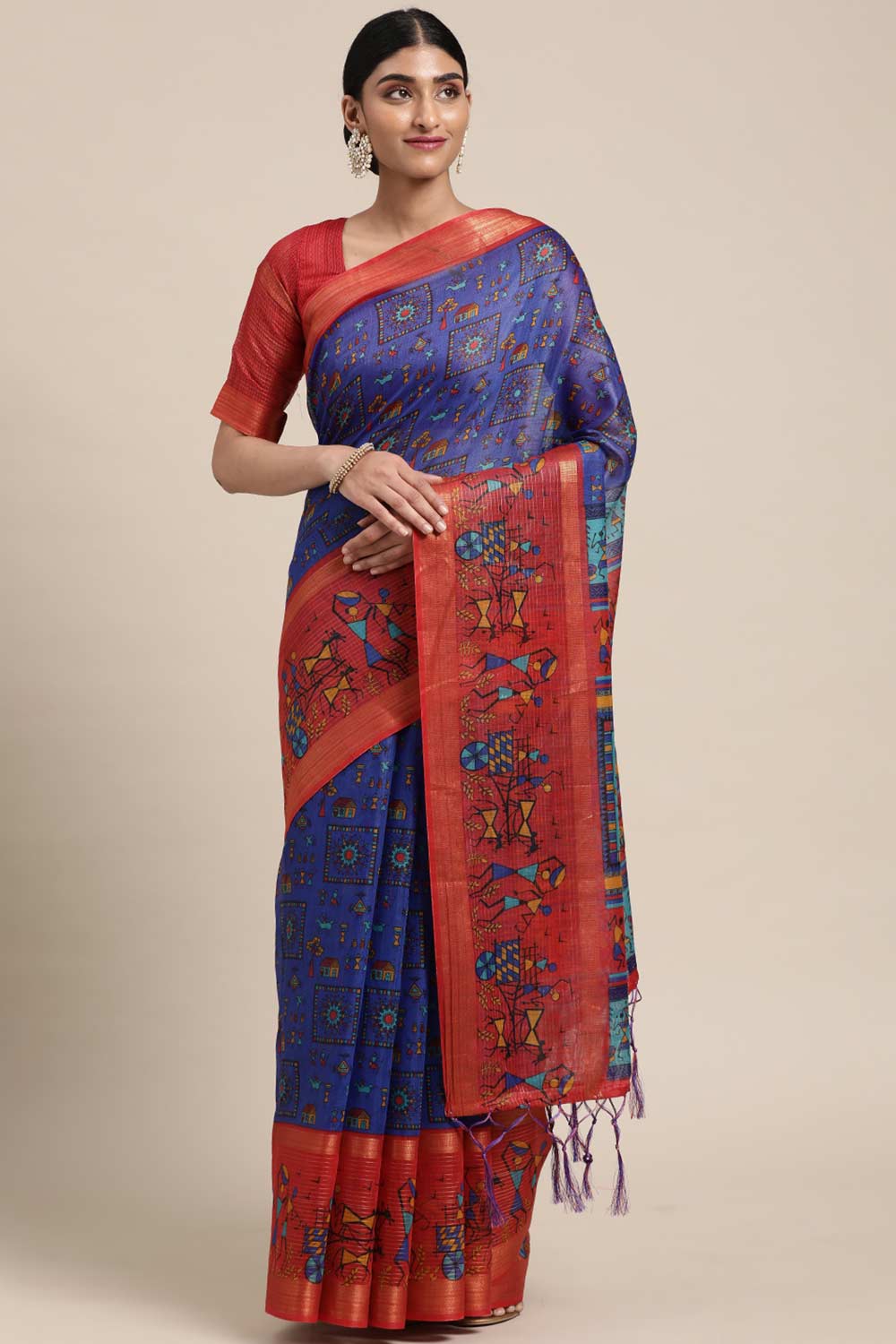 Blue Linen Blend Warli Print Taant Saree