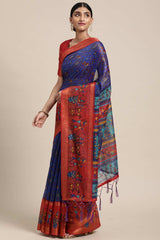 Blue Linen Blend Warli Print Taant Saree