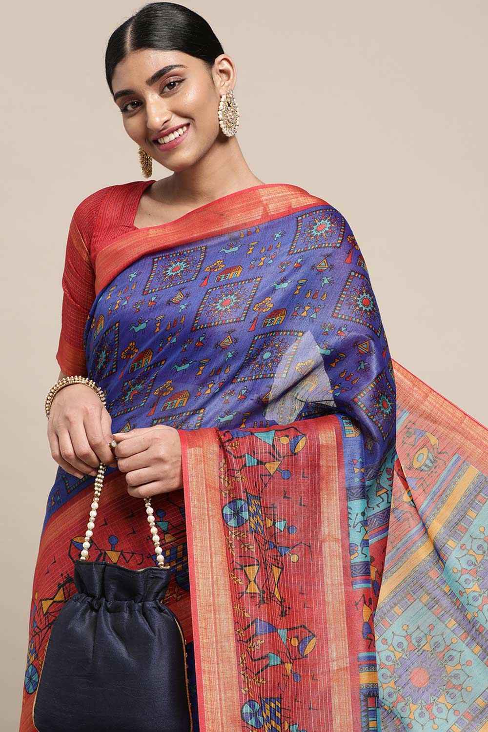 Blue Linen Blend Warli Print Taant Saree