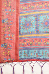 Blue Linen Blend Warli Print Taant Saree