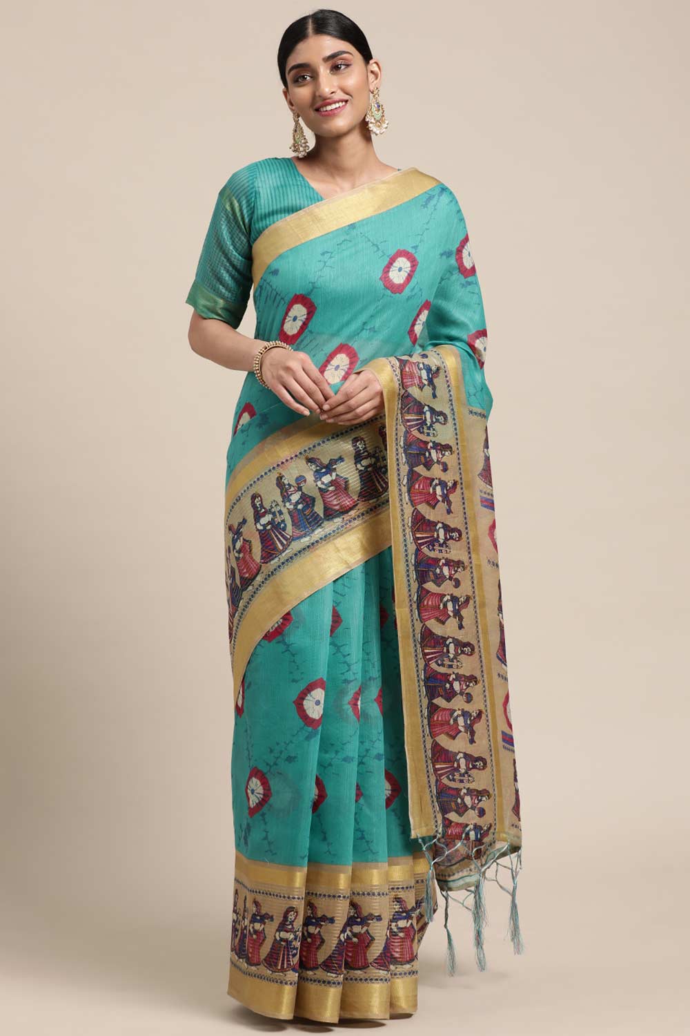 Teal Blue Linen Blend Bandhani Print Taant Saree