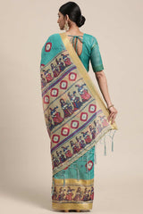 Teal Blue Linen Blend Bandhani Print Taant Saree