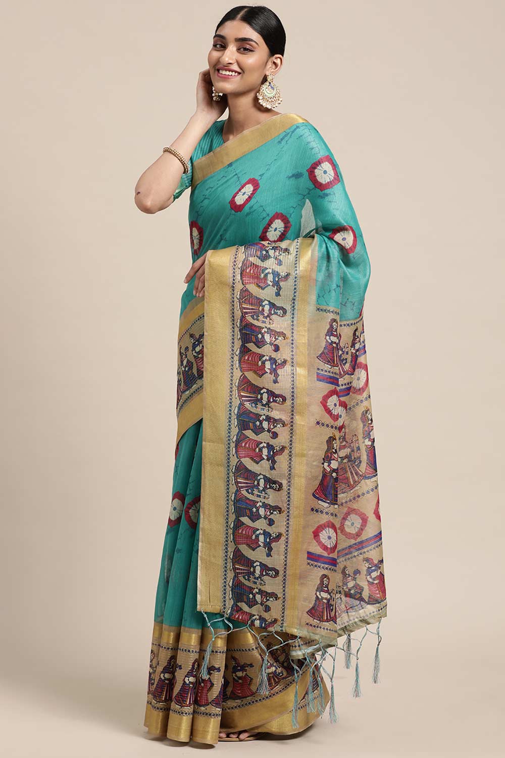 Teal Blue Linen Blend Bandhani Print Taant Saree