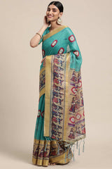 Teal Blue Linen Blend Bandhani Print Taant Saree