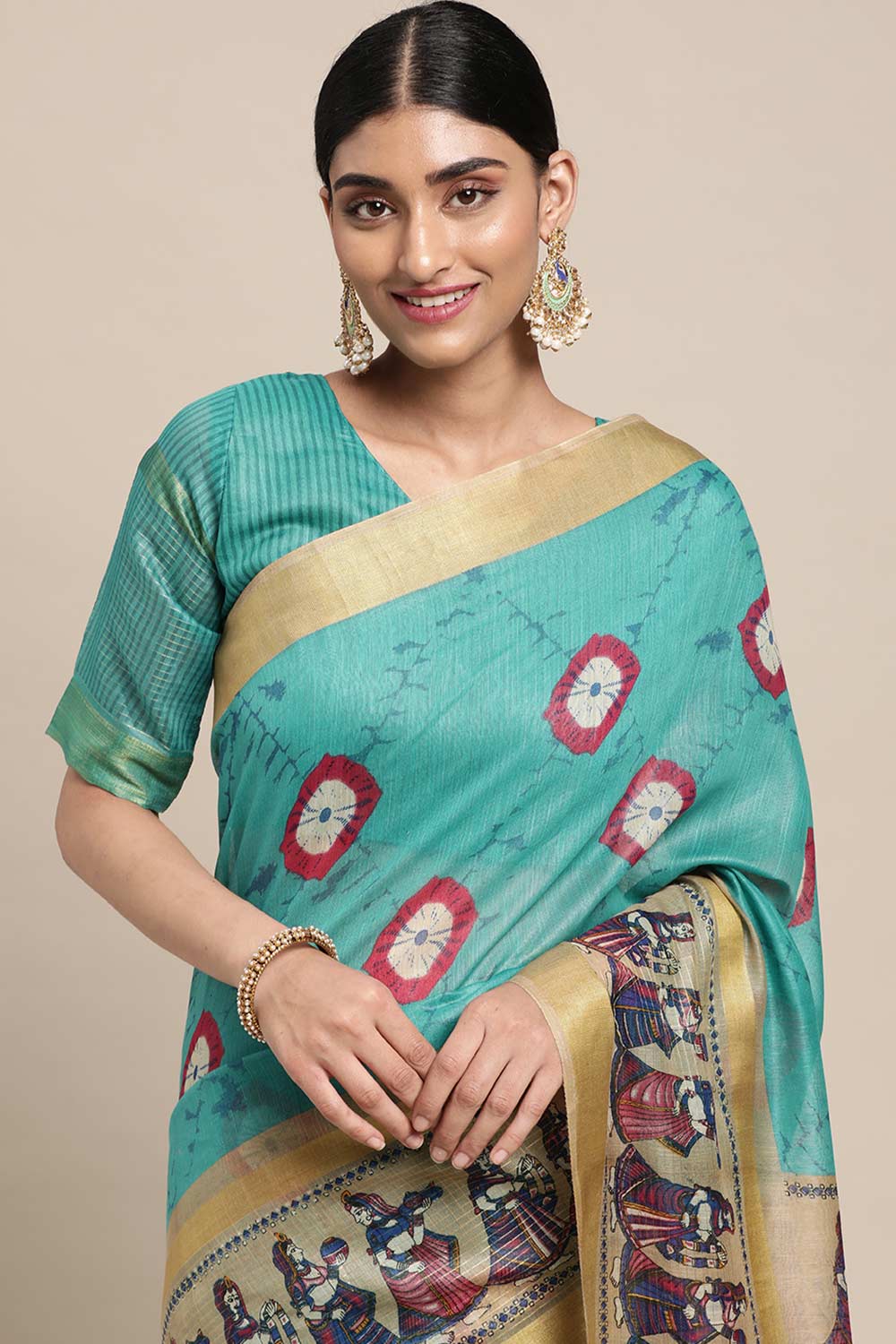 Teal Blue Linen Blend Bandhani Print Taant Saree