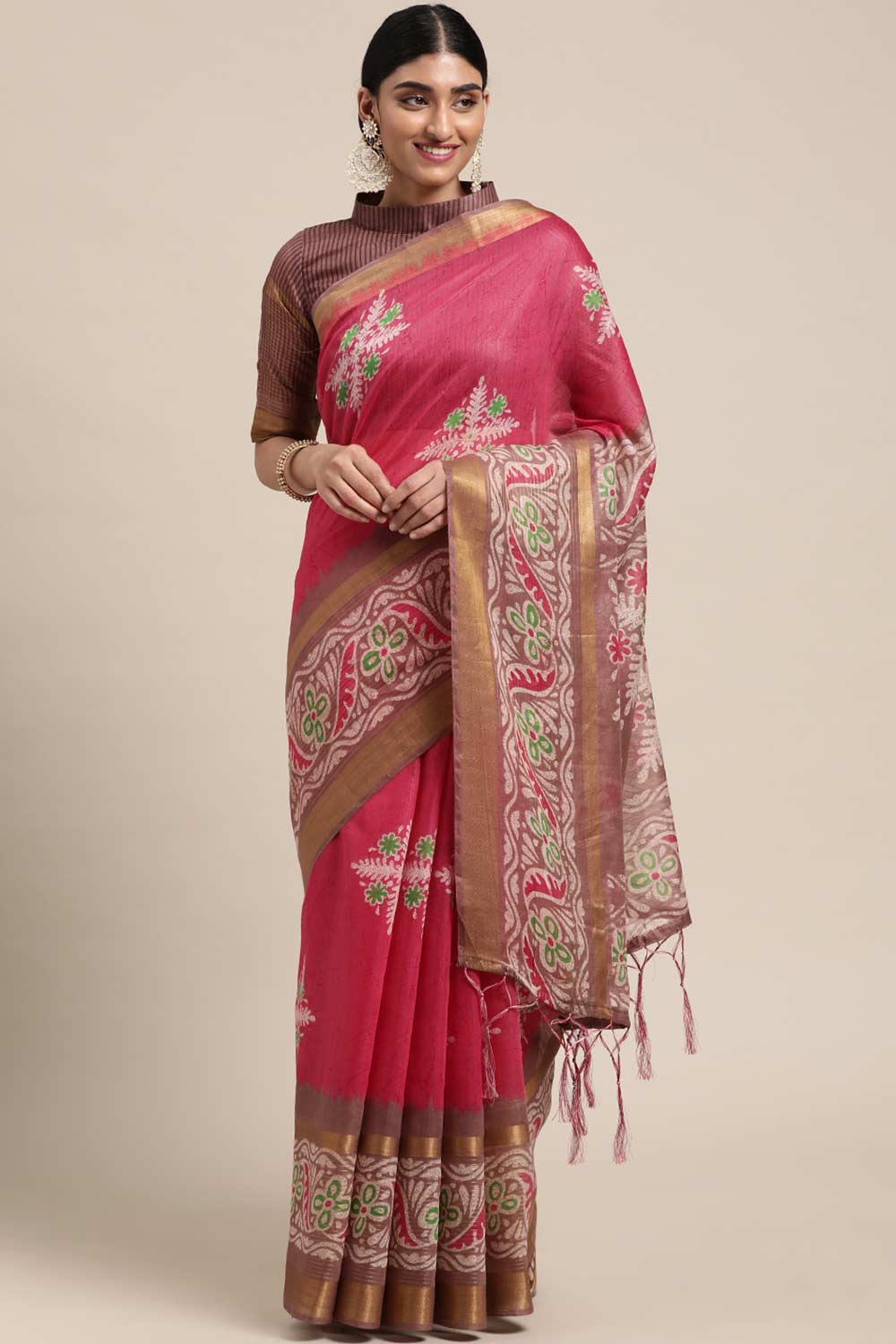 Pink Linen Blend Floral Print Taant Saree