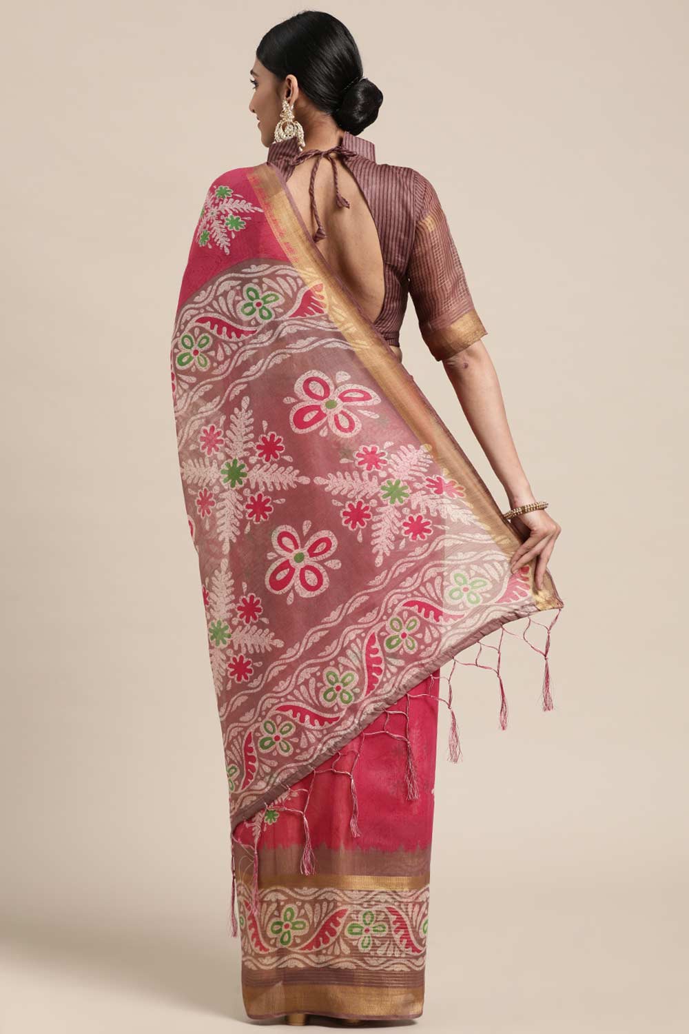 Pink Linen Blend Floral Print Taant Saree