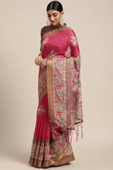 Pink Linen Blend Floral Print Taant Saree