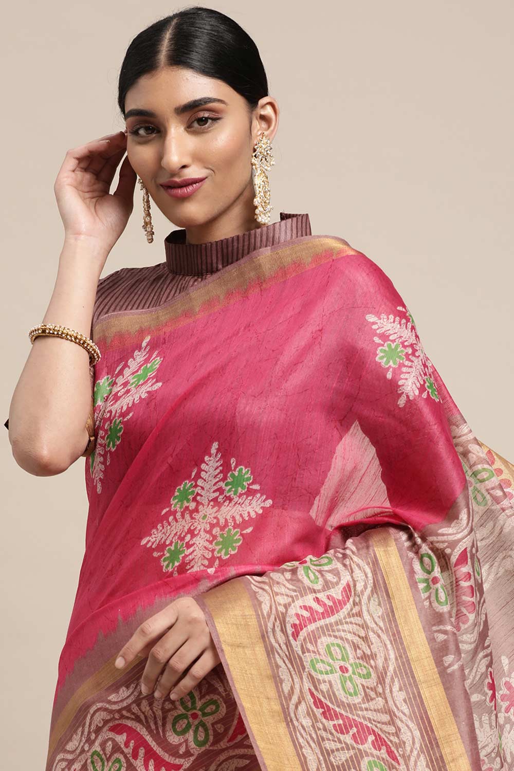 Pink Linen Blend Floral Print Taant Saree