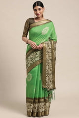 Green Linen Blend Floral Print Taant Saree