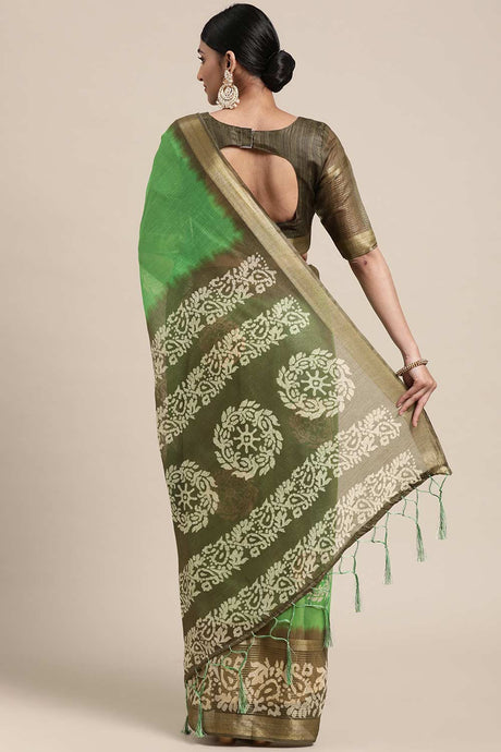 Green Linen Blend Floral Print Taant Saree