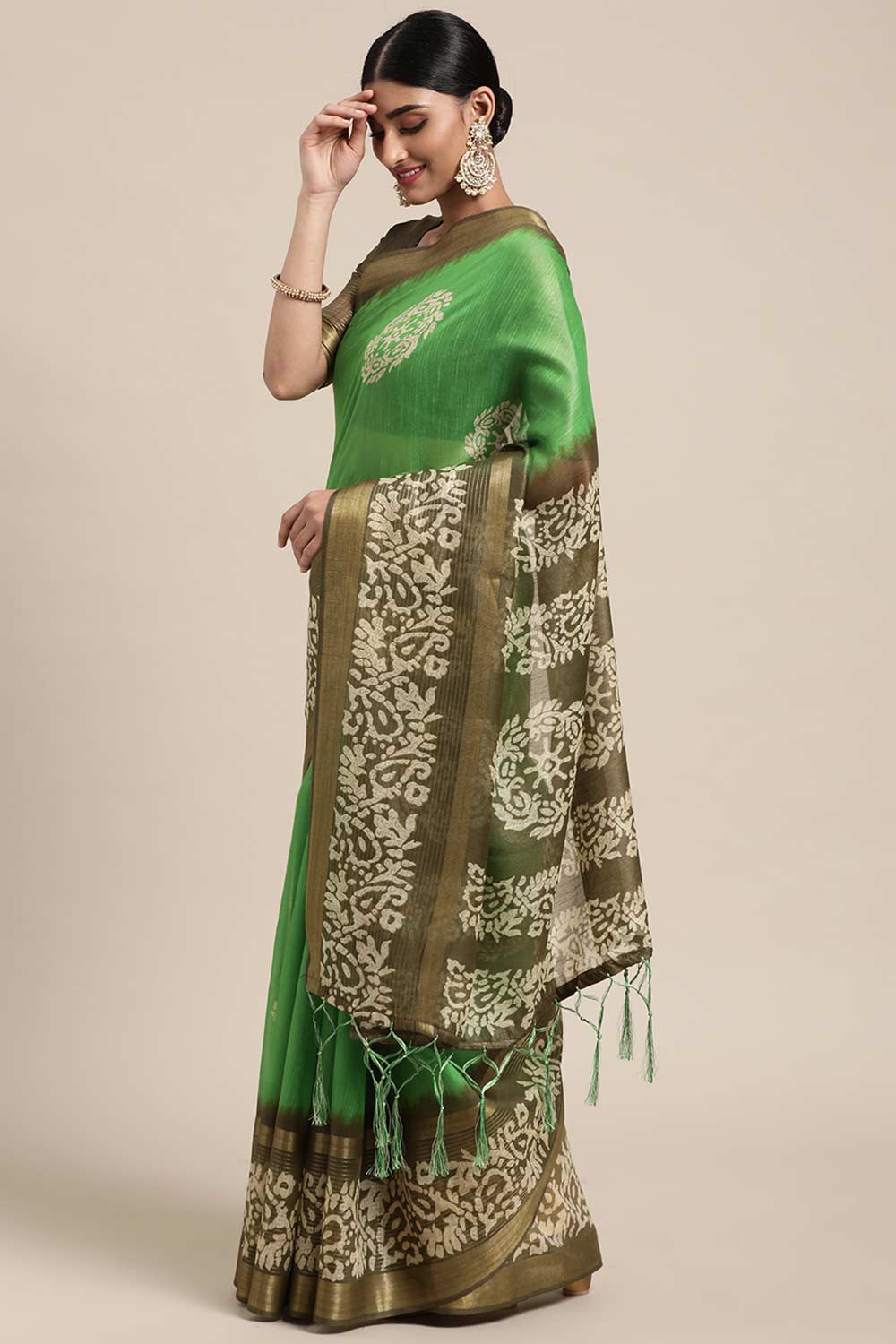 Green Linen Blend Floral Print Taant Saree