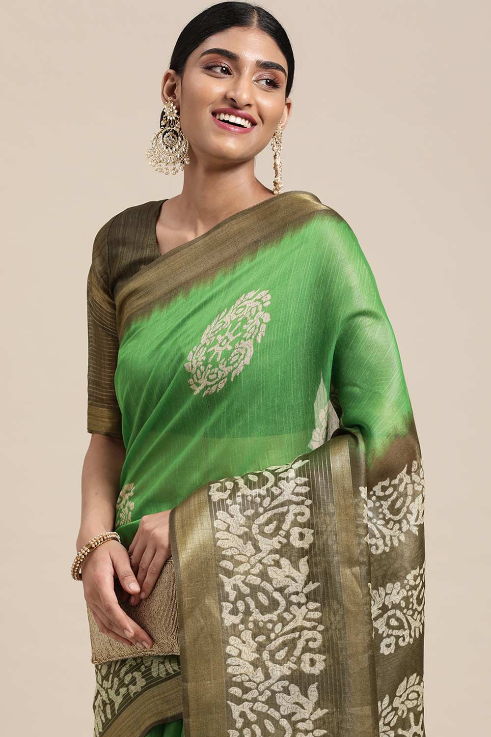 Green Linen Blend Floral Print Taant Saree