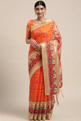 Orange Linen Blend Bandhani Print Taant Saree