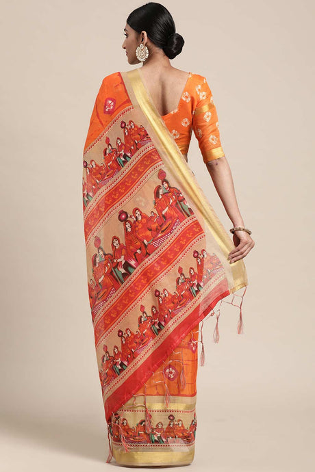 Orange Linen Blend Bandhani Print Taant Saree
