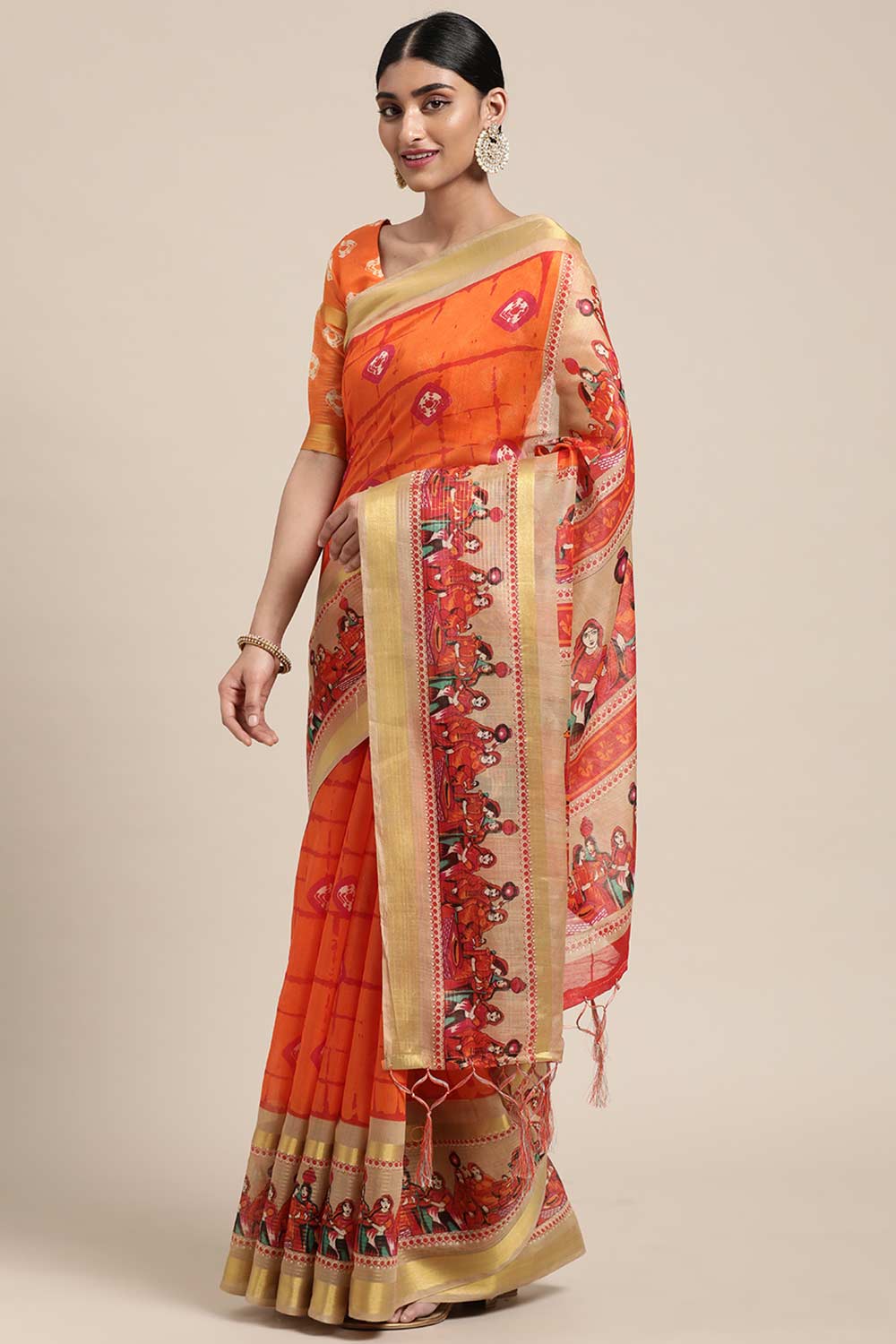 Orange Linen Blend Bandhani Print Taant Saree