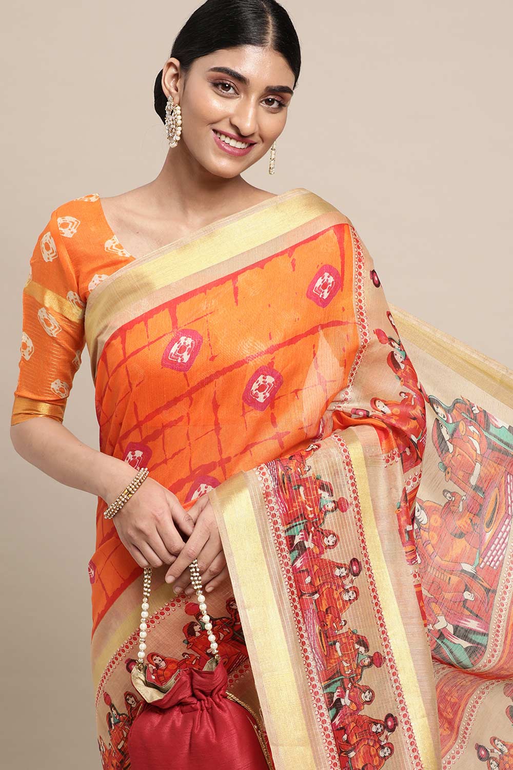 Orange Linen Blend Bandhani Print Taant Saree