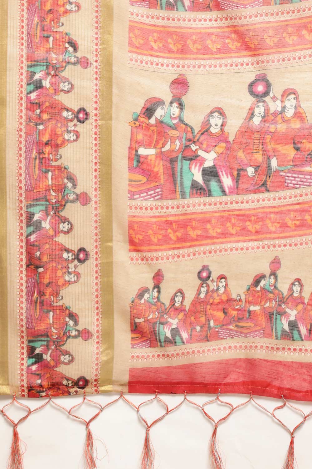 Orange Linen Blend Bandhani Print Taant Saree