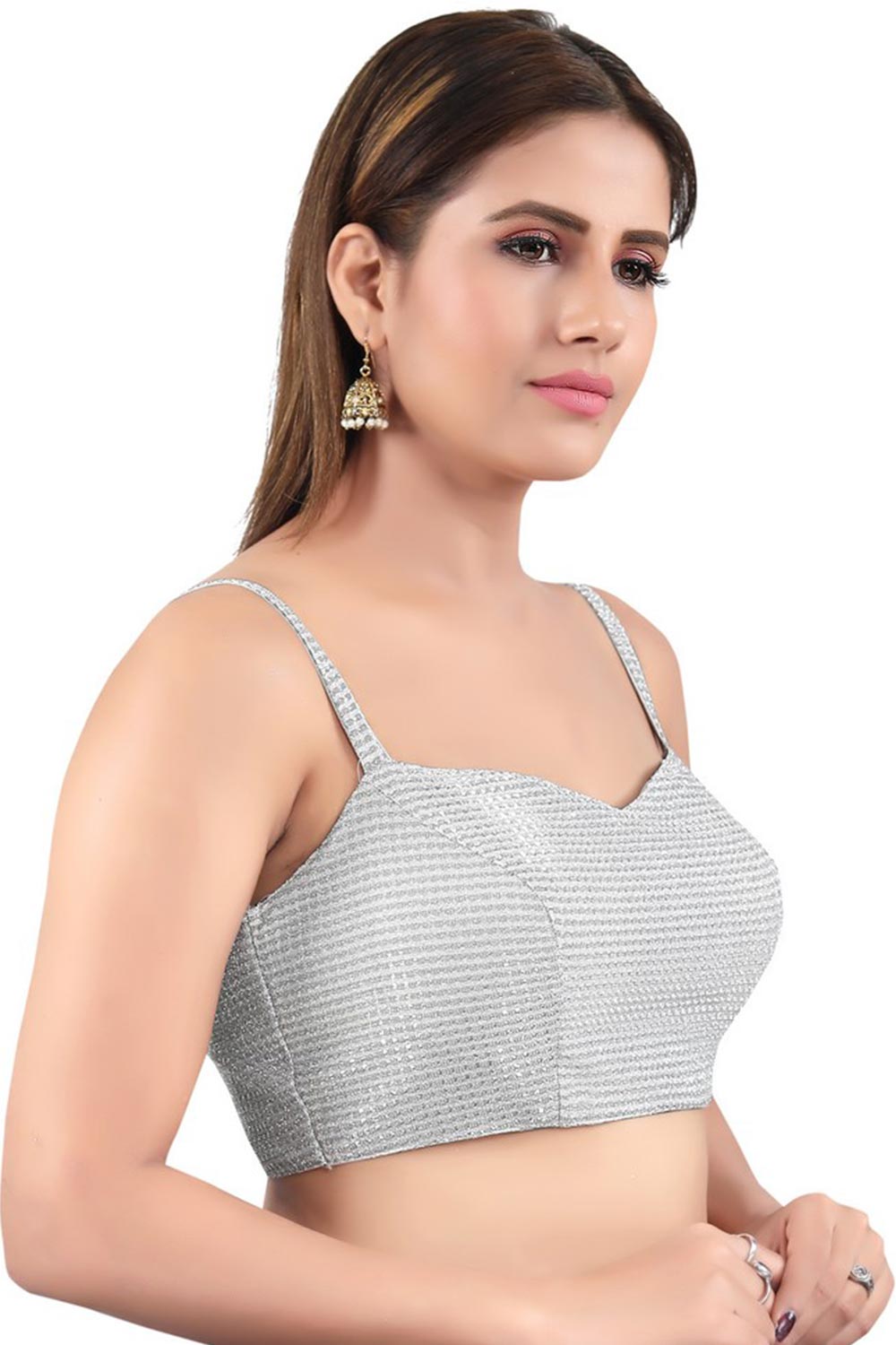 Buy Polyester Woven Saree Blouse in Silver - Front