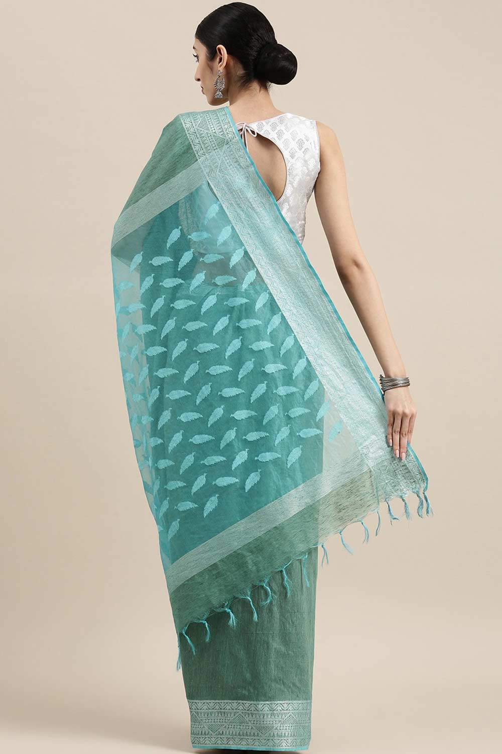 Buy Silk Blend Zari Woven Saree in Sky Blue Online - Back