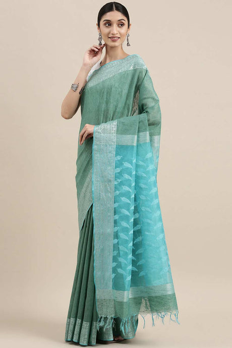 Buy Silk Blend Zari Woven Saree in Sky Blue Online