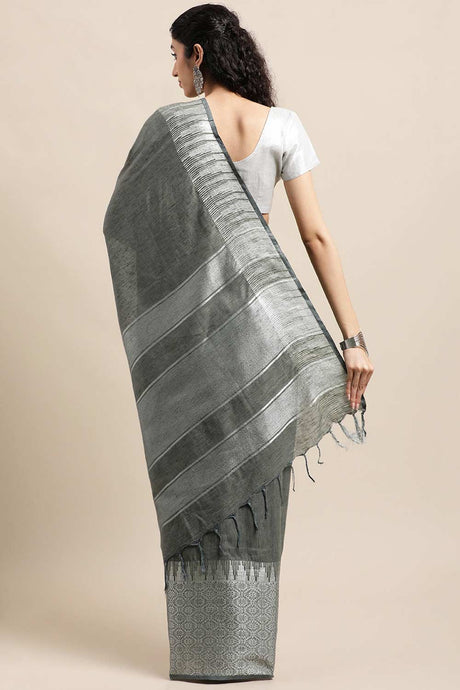 Buy Silk Blend Zari Woven Saree in Grey Online - Back