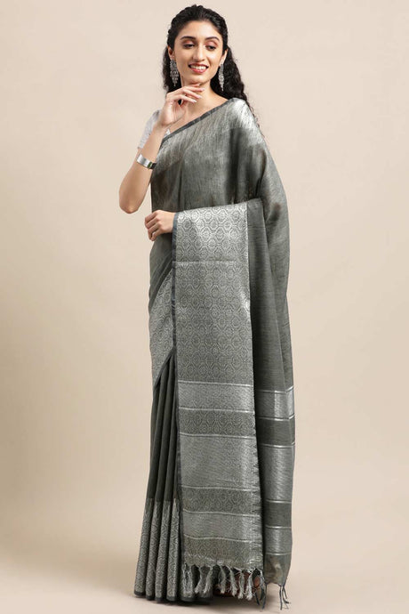 Buy Silk Blend Zari Woven Saree in Grey Online