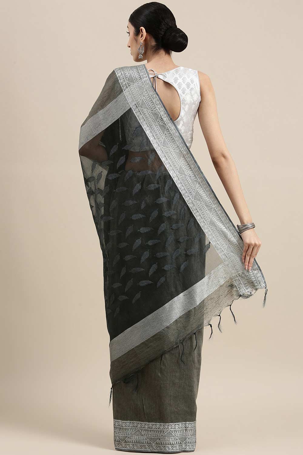 Buy Silk Blend Zari Woven Saree in Dark Grey Online - Back