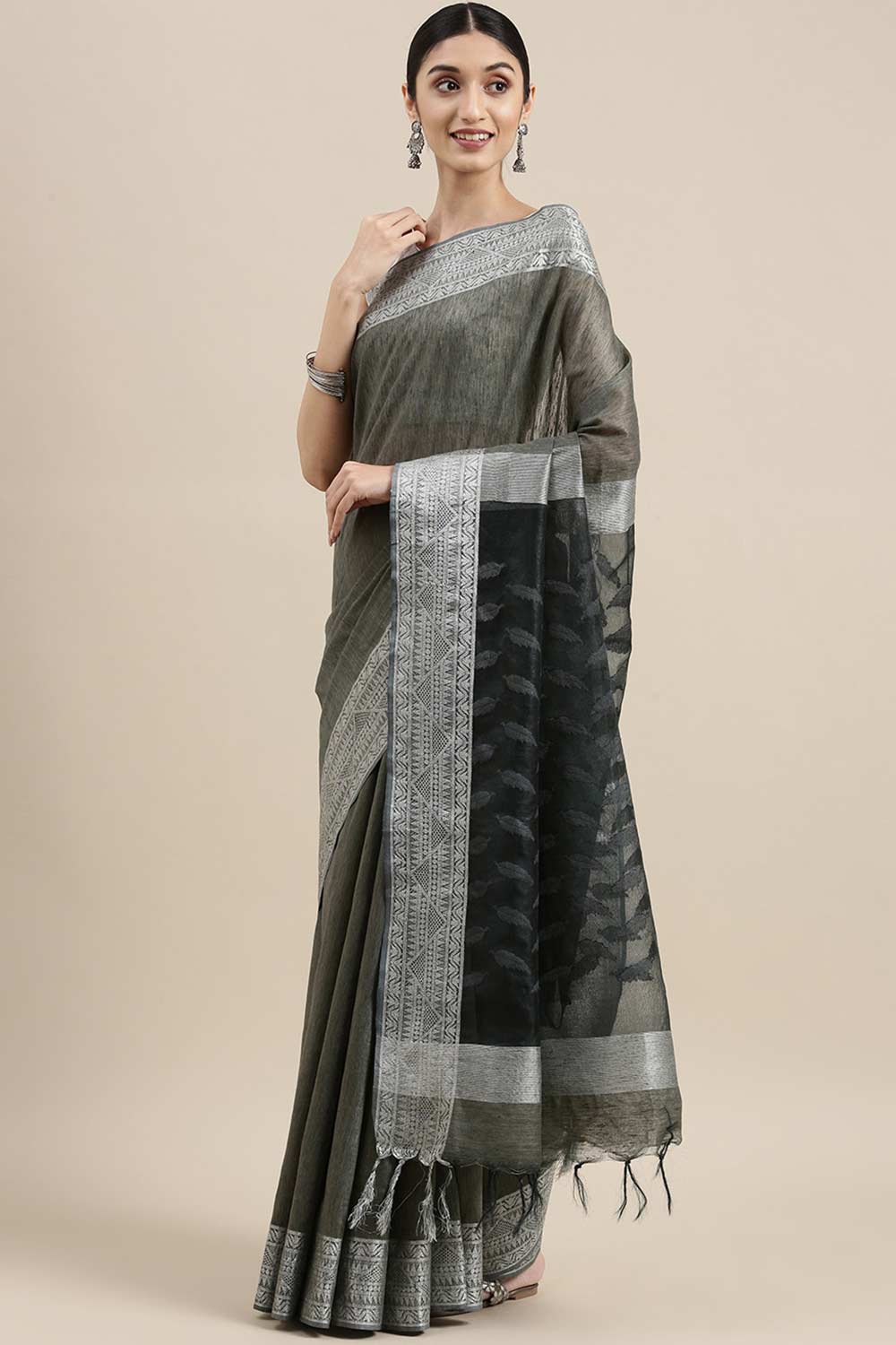 Buy Silk Blend Zari Woven Saree in Dark Grey Online