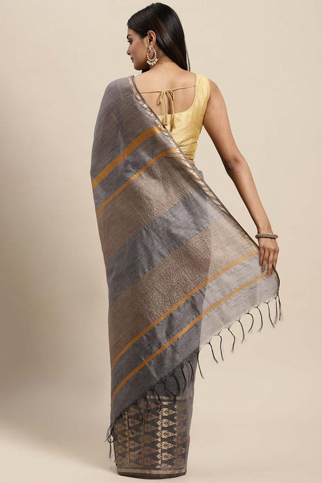 Silk Blend Solid/Woven Saree In Grey