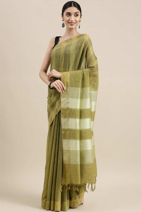 Buy Silk Blend Zari Woven Saree in Green Online