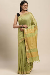 Silk Blend Stripe Saree In Green