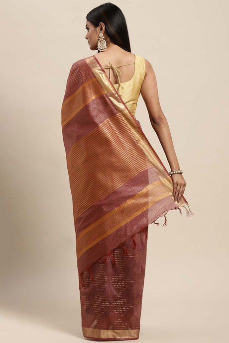 Silk Blend Stripe Saree In Maroon