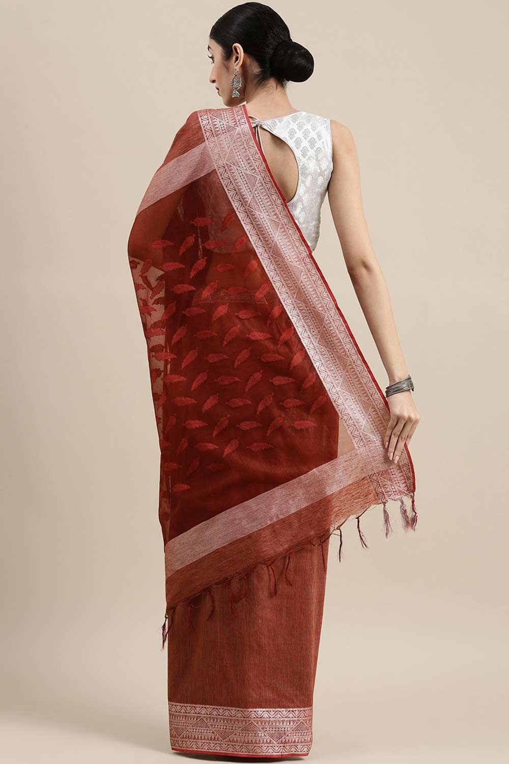 Buy Silk Blend Zari Woven Saree in Brown Online - Back