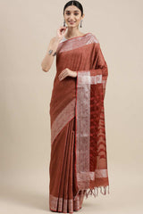 Buy Silk Blend Zari Woven Saree in Brown Online