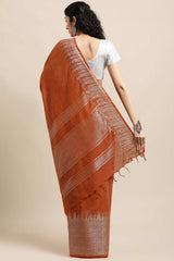 Buy Silk Blend Zari Woven Saree in Rust Online - Back