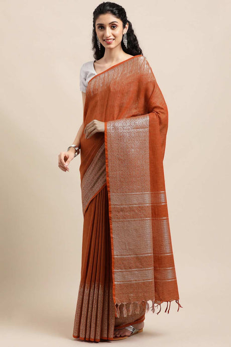 Buy Silk Blend Zari Woven Saree in Rust Online