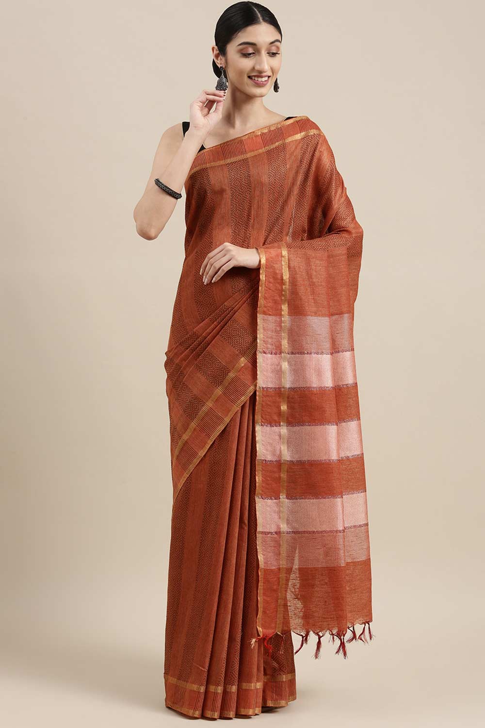 Buy Silk Blend Zari Woven Saree in Orange Online