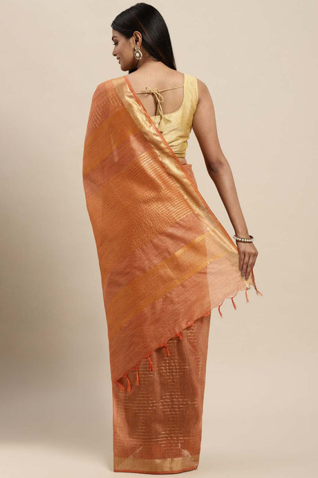 Silk Blend Stripe Saree In Orange