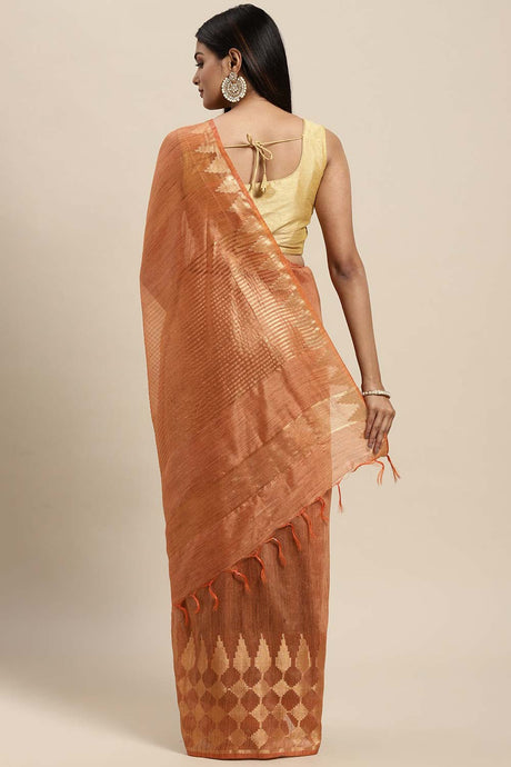 Silk Blend Woven Saree In Orange