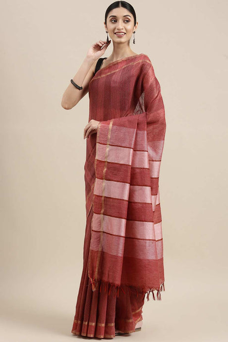 Buy Silk Blend Zari Woven Saree in Pink Online