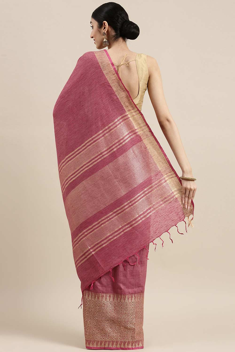 Buy Silk Blend Zari Woven Saree in Pink Online - Back