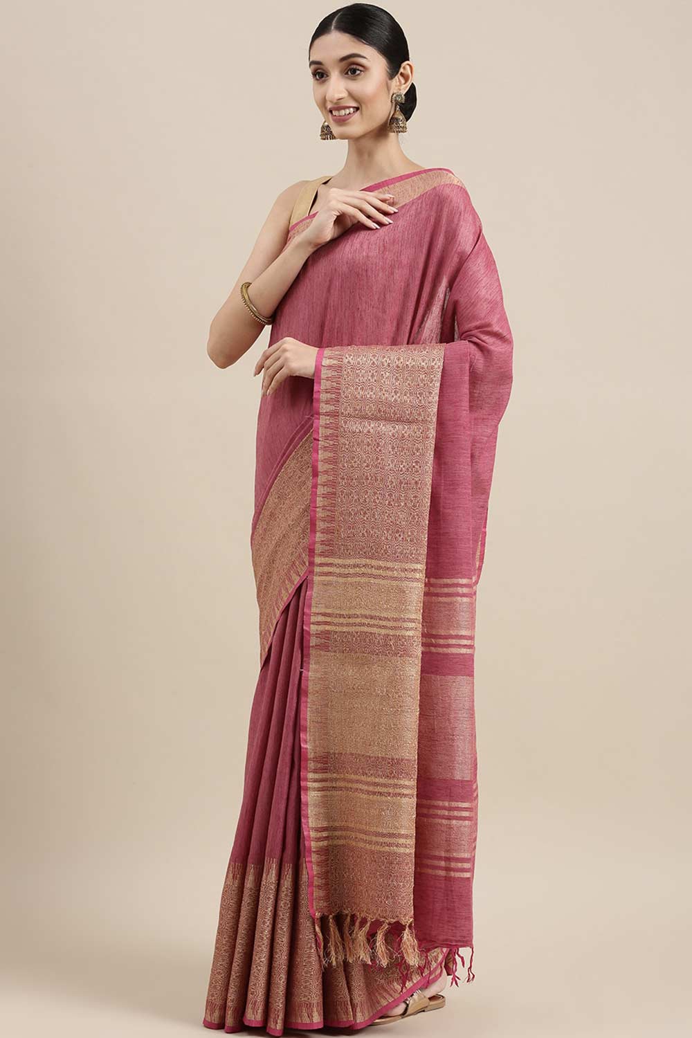 Buy Silk Blend Zari Woven Saree in Pink Online