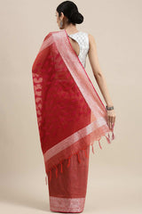 Buy Silk Blend Zari Woven Saree in Red Online - Back