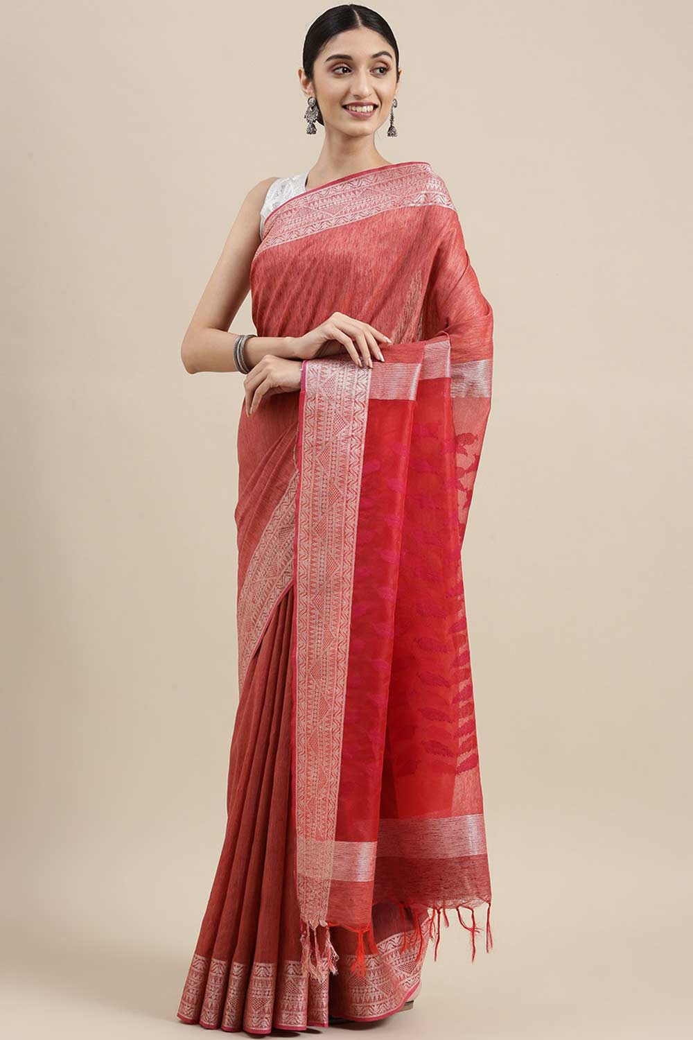 Buy Silk Blend Zari Woven Saree in Red Online