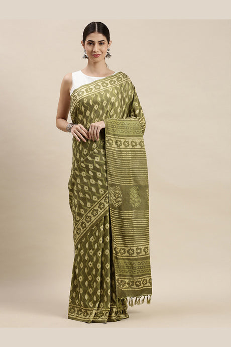 Buy Art Silk Batik Print Saree in Green