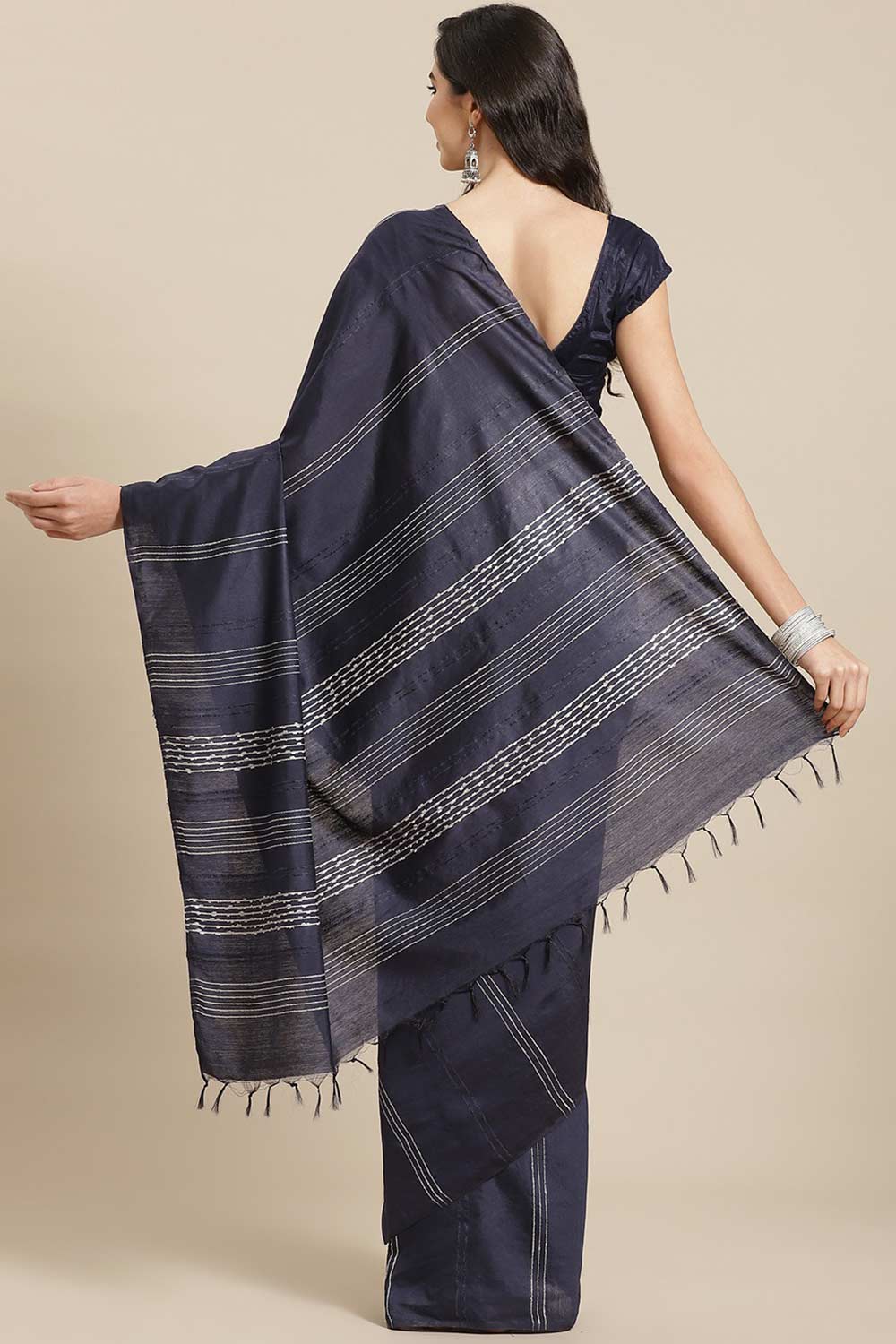 Buy Blended Silk Woven Saree in Navy Blue Online - Back