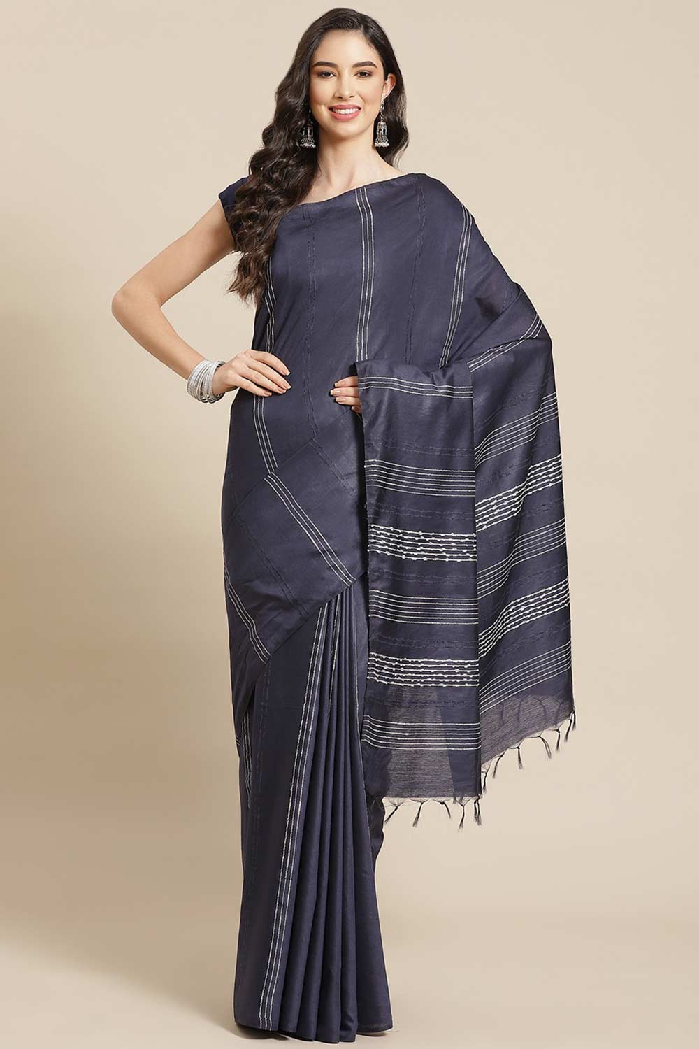 Buy Blended Silk Woven Saree in Navy Blue Online